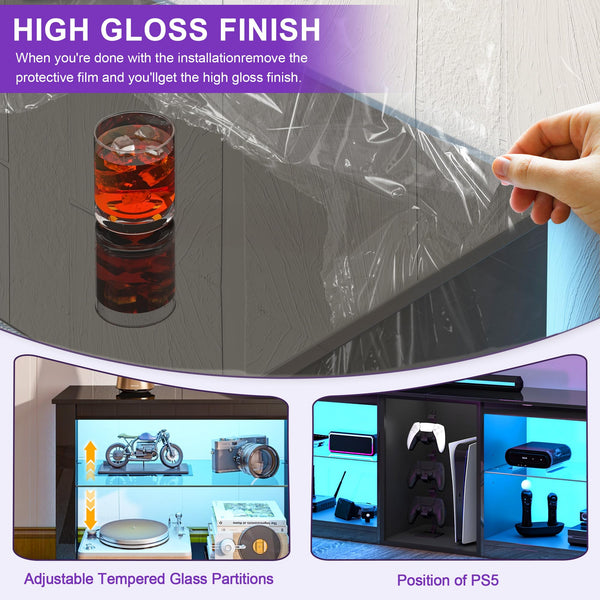 63-Inch High Gloss TV Stand with LED Lights & Glass Shelves