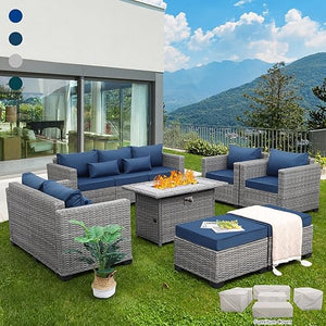 7-Piece Outdoor Patio Furniture Set with Propane Fire Pit Table