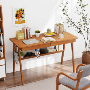 47" Mid-Century Modern Writing Desk with 2 Drawers & Storage Shelf