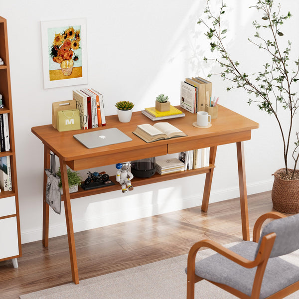 47" Mid-Century Modern Writing Desk with 2 Drawers & Storage Shelf