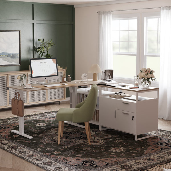 L-Shaped Electric Standing Desk with Drawers & Shelves