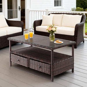 Outdoor Wicker Coffee Table with Drawers & Tempered Glass Top
