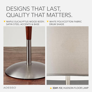 Floor Lamp with Wood Pole, Drum Shade & 3-Way Dimmer, 61"H