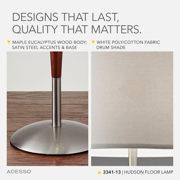 Floor Lamp with Wood Pole, Drum Shade & 3-Way Dimmer, 61"H