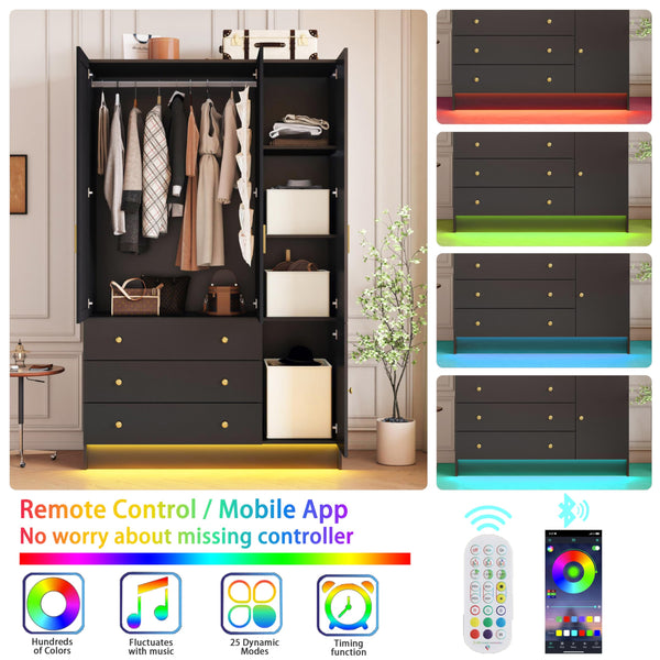 3-Door Wardrobe Closet with Mirror & LED Lights
