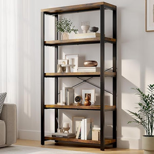 5-Tier Industrial Bookshelf with Metal Frame – Rustic Brown