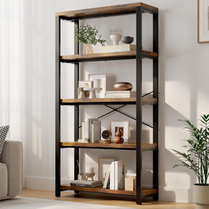 5-Tier Industrial Bookshelf with Metal Frame – Rustic Brown