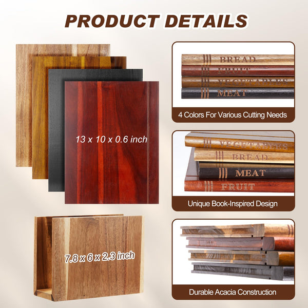 Acacia Wood Book Cutting Board Set with Stand – 4 Piece