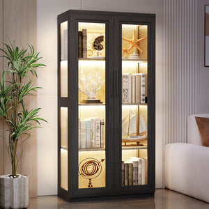 Glass Door Display Cabinet with LED Lights and 4 Shelves