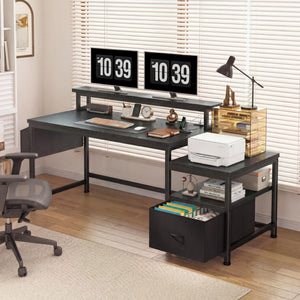Computer Desk with Monitor Stand, File Drawers & Charging Station