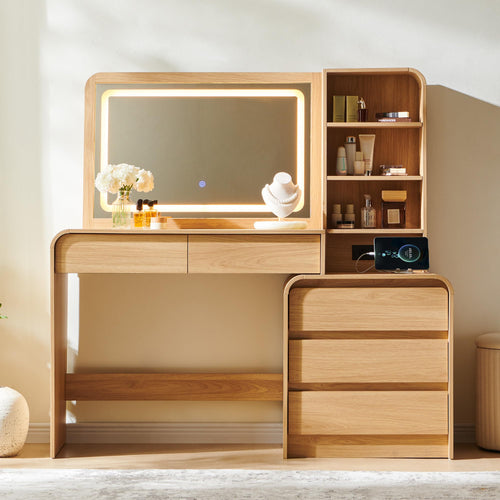 Vanity Desk with Mirror, Lights & 5 Drawers