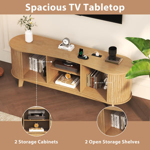 Mid Century Modern TV Stand with Sliding Doors and Power Outlet