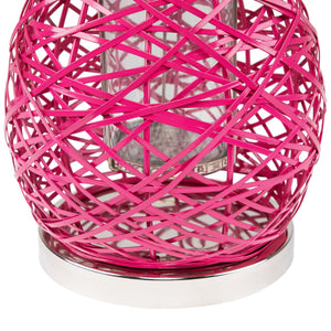 Pink Woven Iron Pillar Candle Lantern with Glass Hurricane