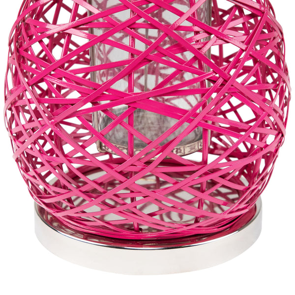 Pink Woven Iron Pillar Candle Lantern with Glass Hurricane