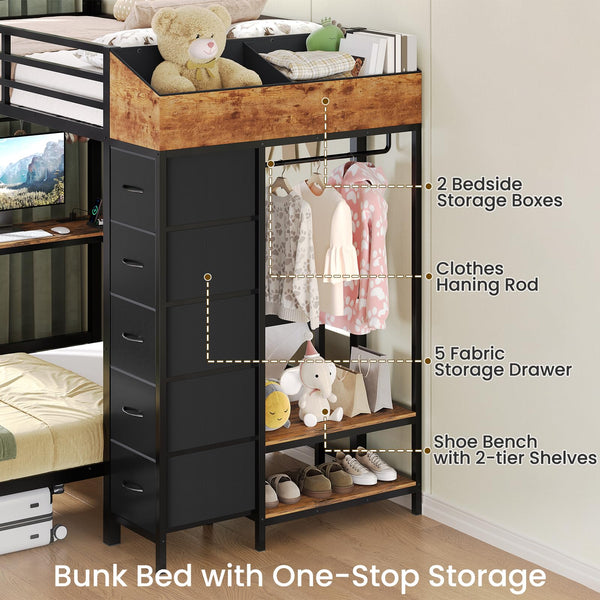 L-Shaped Twin Over Twin Bunk Bed with Storage, Desk & LED Lights