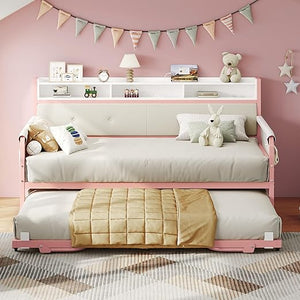 Twin Daybed with Trundle, Upholstered Headboard & Charging Station