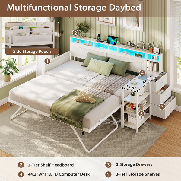 Twin Daybed with Pop-Up Trundle, Storage Drawers & LED Lights