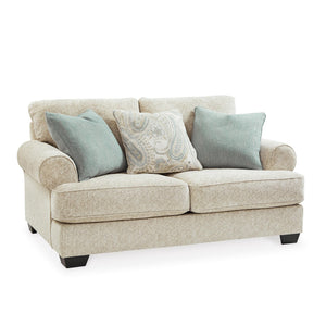 Beige Chenille Loveseat with Accent Pillows & Rolled Arms
