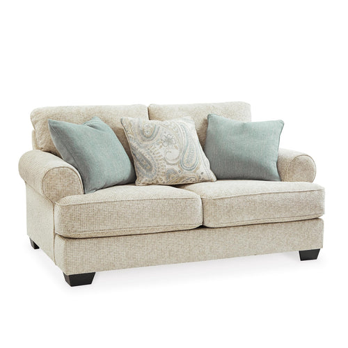 Beige Chenille Loveseat with Accent Pillows & Rolled Arms