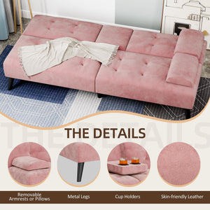 Velvet Futon Sofa Bed with Removable Armrests