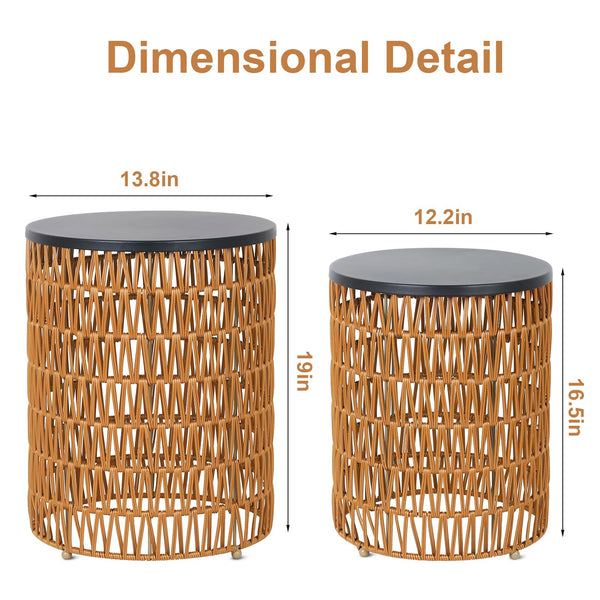 Boho Outdoor Side Table Set of 2 with Dimmable Ambient Light & Remote