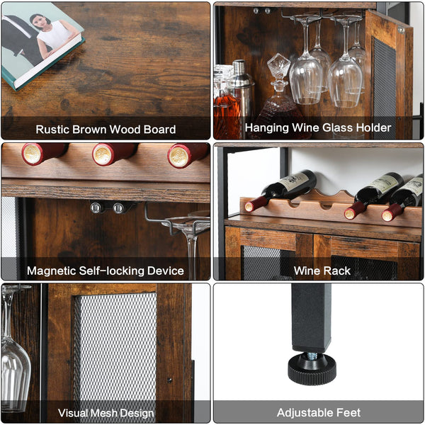 Wine Bar Cabinet with Glass Holder & Mesh Door