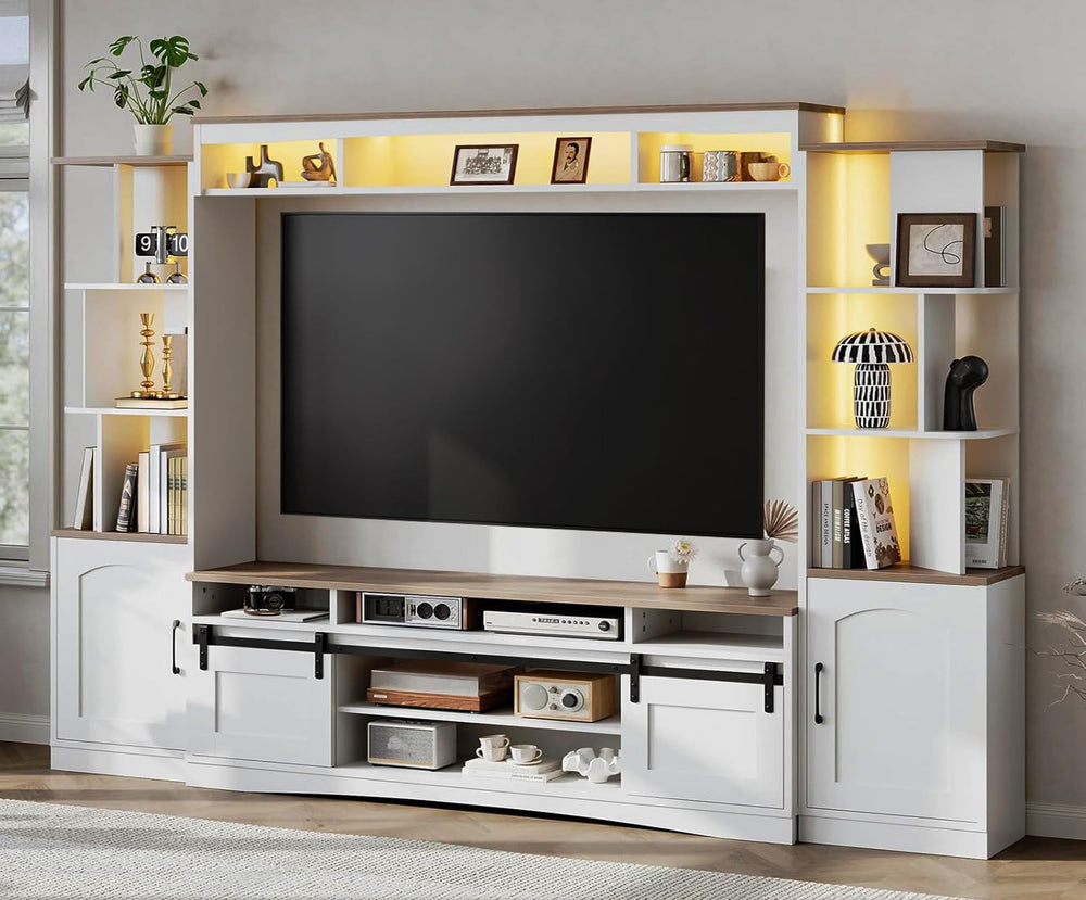 101" Wall Unit Entertainment Center with LED & Sliding Doors – White