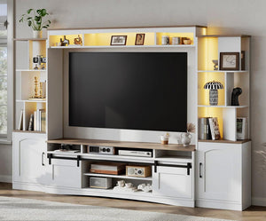 101" Wall Unit Entertainment Center with LED & Sliding Doors – White