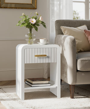Fluted Nightstand with Drawer and Open Shelf – White & Gold