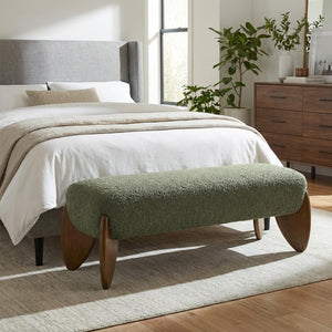 Bouclé Upholstered Bench with Scalloped Wooden Legs – 50 Inch