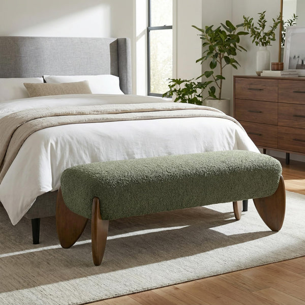 Bouclé Upholstered Bench with Scalloped Wooden Legs – 50 Inch