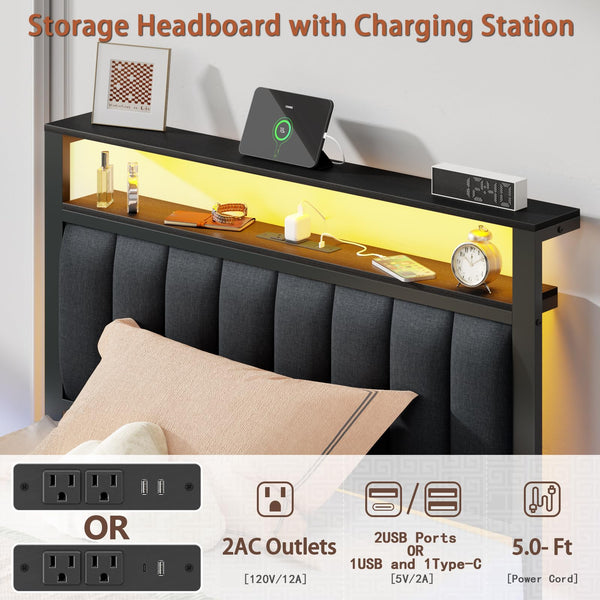 Twin Platform Bed with LED Lights, Charging Station & Storage Drawers