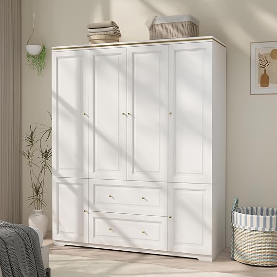 White Wardrobe Closet with 2 Drawers & Hanging Rod