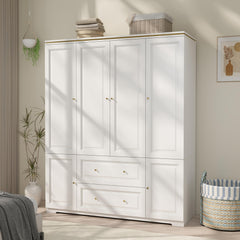 White Wardrobe Armoire with 4 Doors, Hanging Rod & 2 Drawers
