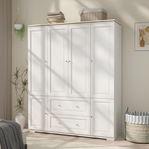 White Wardrobe Armoire with 4 Doors, Hanging Rod & 2 Drawers