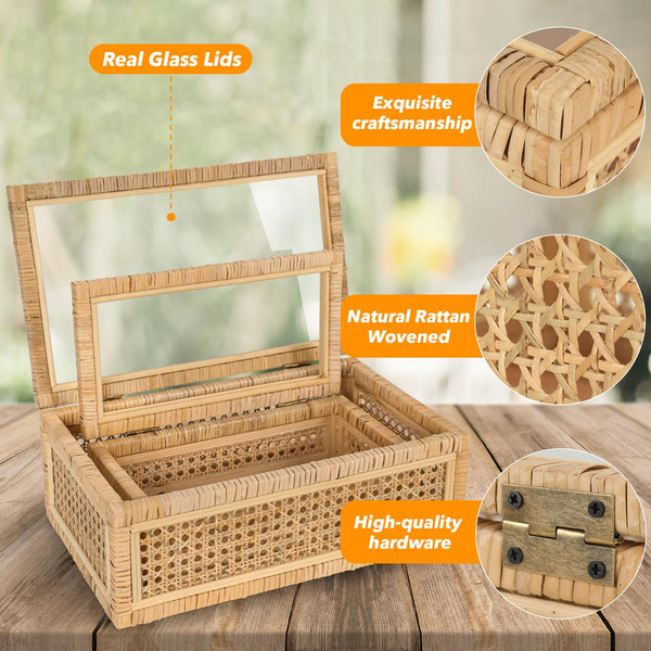 Boho Rattan Display Boxes with Glass Lids Set of 2
