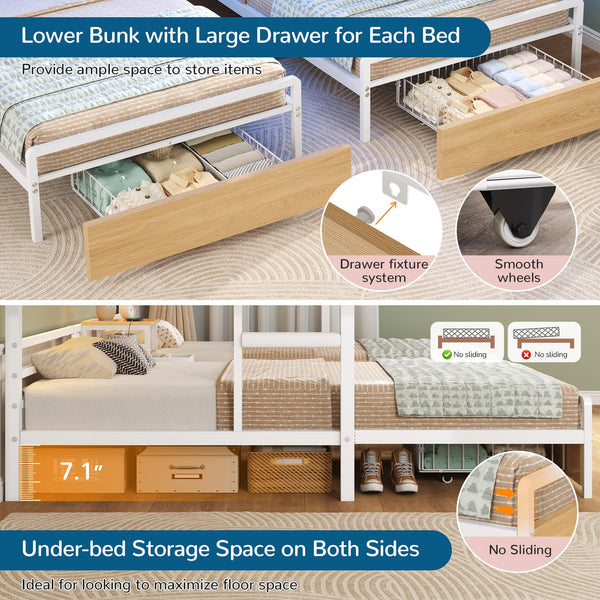 Triple Bunk Bed Twin Size with LED Lights, Charging Station & Storage Drawers