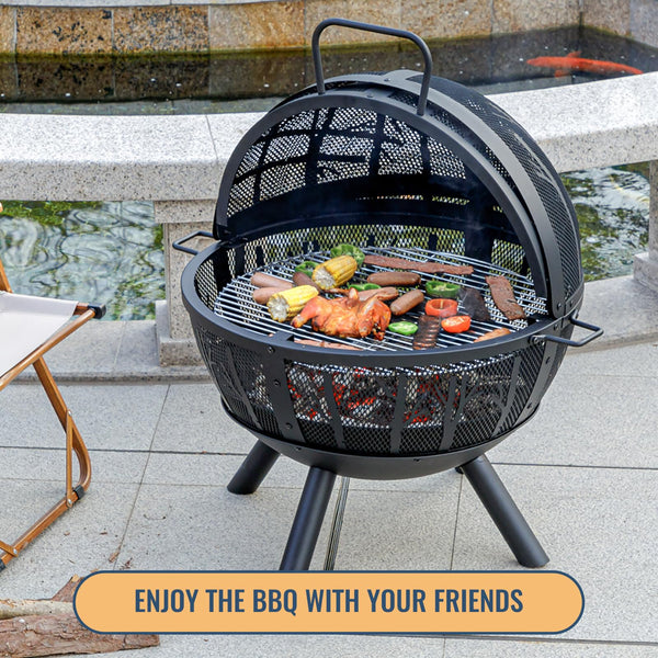 35-Inch Sphere Wood Burning Fire Pit with BBQ Grill