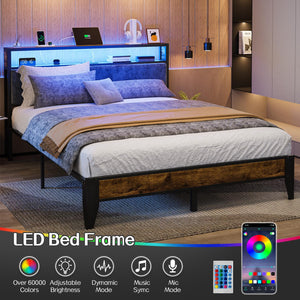 Queen Bed Frame with LED Headboard, Storage & Charging Station