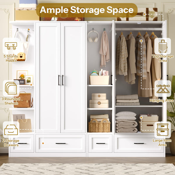 Double Door Wardrobe Closet with Drawers & Open Shelves