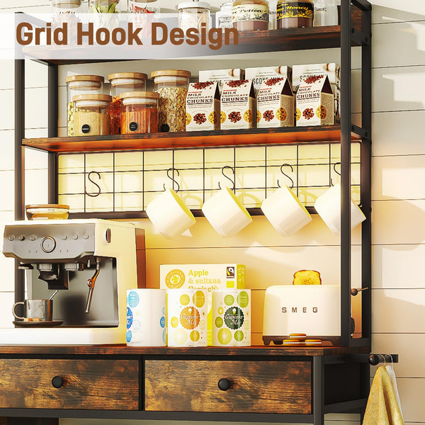 5-Tier Bakers Rack with Power Outlet, LED Lights & Drawers