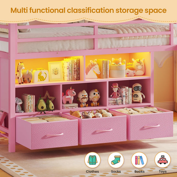Twin Low Loft Bed with Storage Drawers, Bookshelf & LED Lights