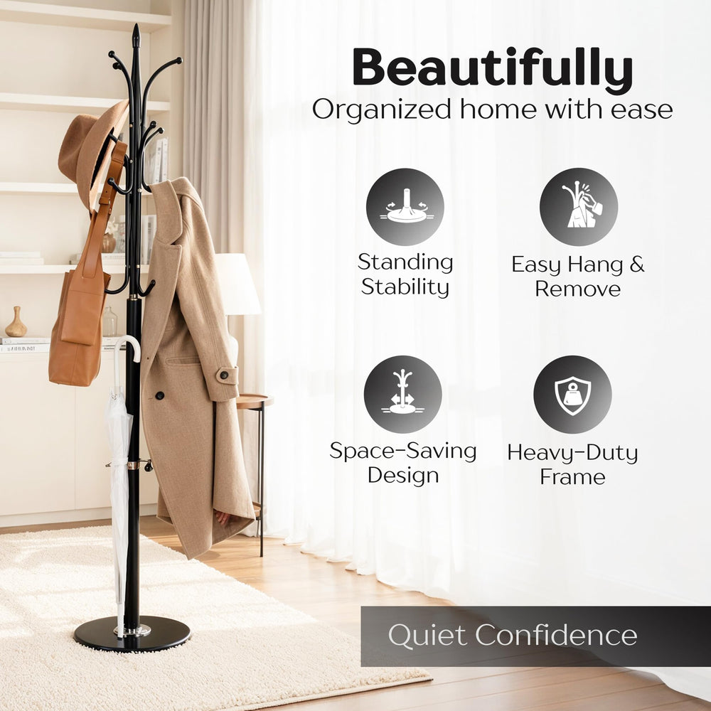 Metal Coat Rack with Marble Base, 12 Hooks & Umbrella Holder