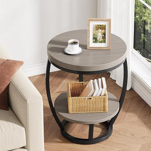 2-Tier Round Industrial End Table with Metal Frame
