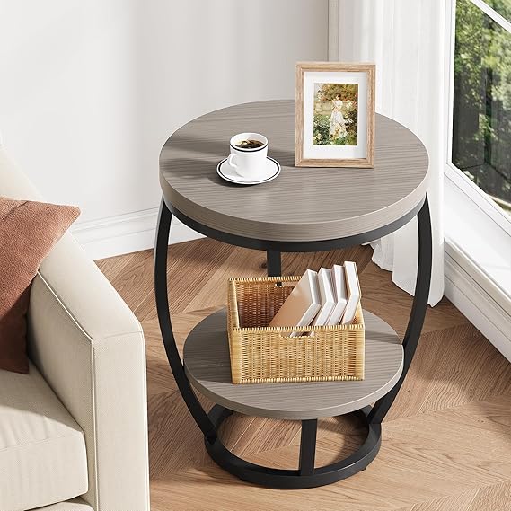 2-Tier Round Industrial End Table with Metal Frame