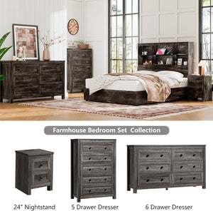 5-Piece Farmhouse Queen Bedroom Set with LED Bed Frame & Charging Stations