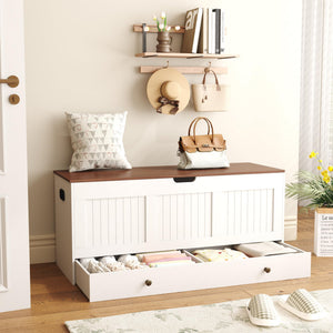 Lift-Top Storage Bench with 2 Drawers – White & Brown