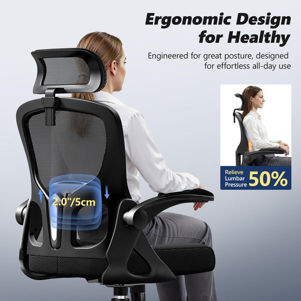 Ergonomic Mesh Office Chair with Flip-Up Arms & Adjustable Lumbar Support
