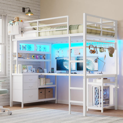 Twin Loft Bed with L-Shaped Gaming Desk & Storage