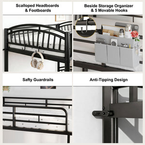 Twin Over Twin Metal Bunk Bed with Storage & Convertible Ladder